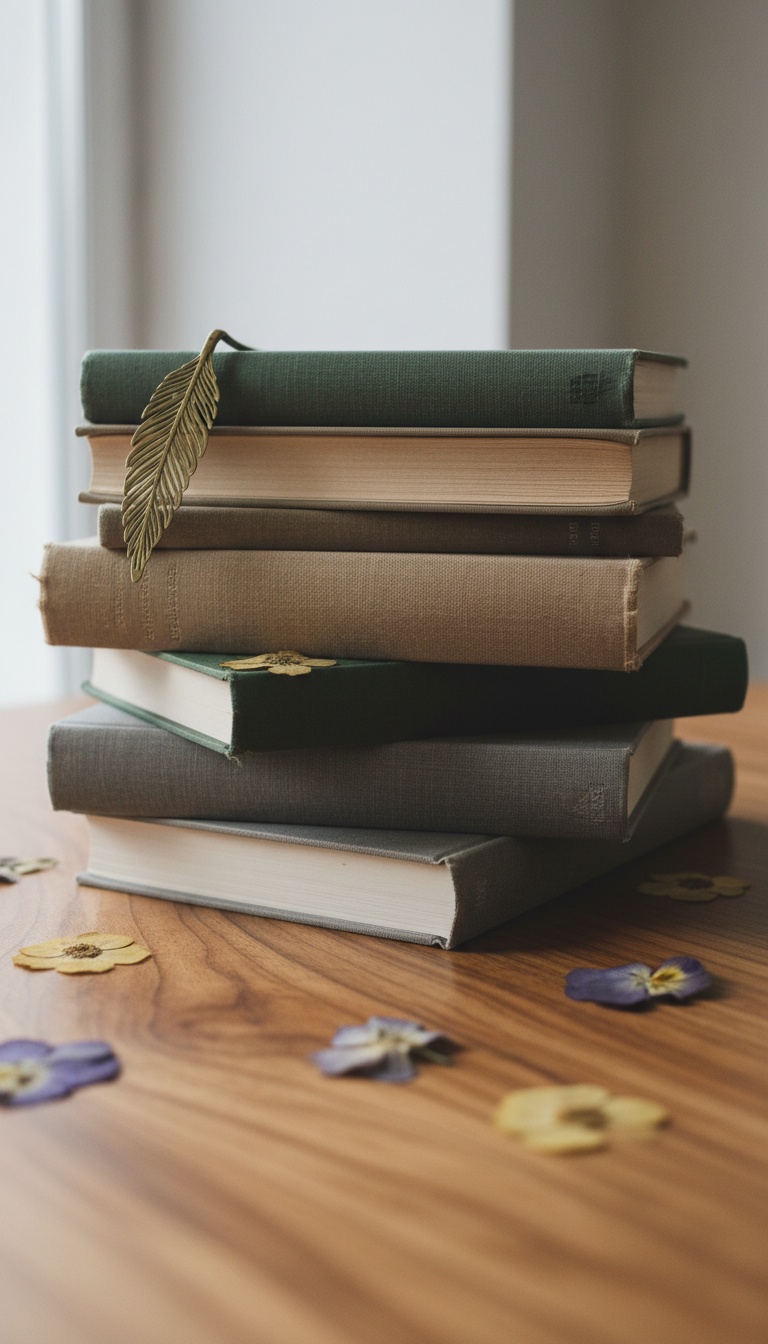 A carefully stacked arrangement of vintage and new hardback books, each with textured linen covers in muted earth tones—warm taupes, deep greens, soft grays. The pile rests atop a smooth wooden table with visible grain, surrounded by scattered pressed flowers and a single elegant brass bookmark. Soft, diffused overcast light filters through an unseen window, casting subtle, gentle highlights on the book spines and producing delicate shadows. The composition is centered and symmetrical, shot at an eye-level perspective with a shallow depth of field to create a calm and inviting ambiance. The minimalist photographic realism and restrained color palette echo the sophisticated, cozy ethos of a refined independent bookstore.